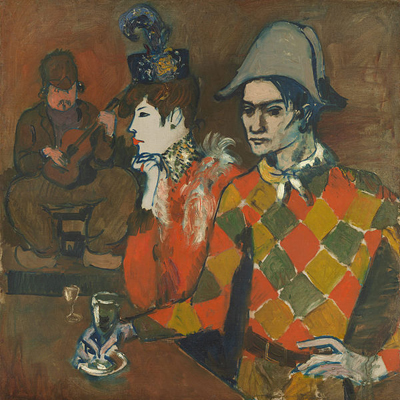 In the right background, the couple are based on Picasso’s Au Lapin Agile (1905), a painting commissioned by the proprietor Frédérick Gérard, who’s depicted in the background of the painting.