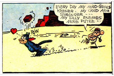 A reference to George Herriman’s Krazy Kat. The common theme of the hugely popular newspaper strips, which were syndicated from 1913 to 1944, was the strange triangle of Krazy, Offica Pup and the mouse, Ignatz. The ambiguously-gendered Krazy loved Ignatz, who hated her/him and ended many of the strips by throwing a brick at her/his head. 