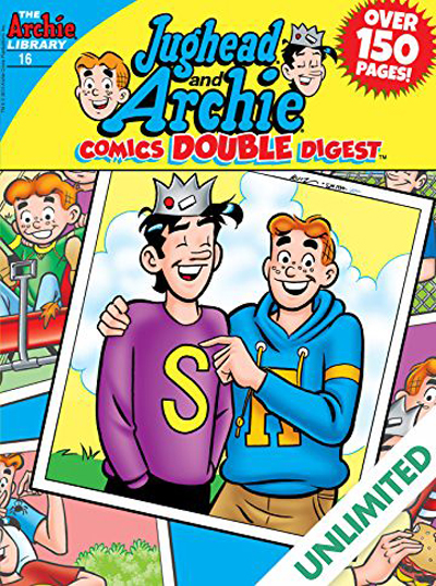 Next to Lulu are Archie Andrews and Jughead Jones from the well-known, long-running series of Archie Comics.