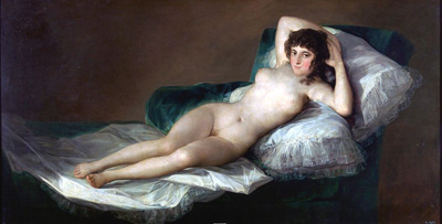 The painting in the background is adapted from The Nude Maja, by Francisco Goya (1746 -1828).