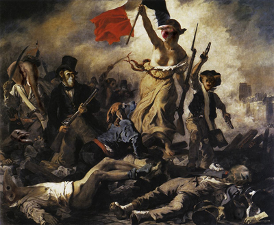 The painting is, of course, adapted from Eugène Delacroix's famous Liberty Leading the People (1831). It commemorates the July Revolution of 1830, which toppled Charles X of France. It's housed in the Louvre. I portray Liberty/Marianne as a chicken again.