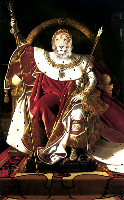The painting in the background is a reworking of Napoleon on his Imperial Throne, 1806, by Jean-Auguste-Dominique Ingres, 