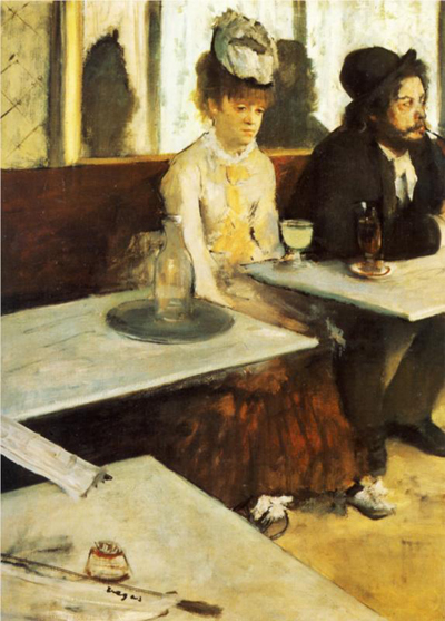 The characters in the backround are a reference to Edgar Degas’s The Absinthe Drinker (1876). Note that the tables in my version actually have legs!