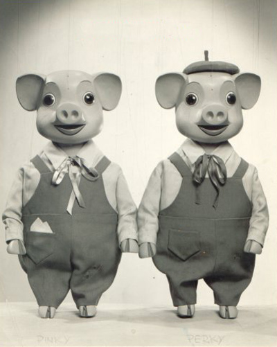 Pinky and Perky were a pair of puppet pigs who had their own children’s TV show in the late 50s and early 60s. Singing in speeded-up voices (a bit like the Chipmunks), they sang cover versions of songs, mainly from the top 20. I believe they were revived around 2010 in a CGI version.