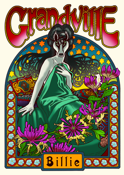 In 2014, the year that Noël was published, the Lakes International Comic Art Festival (LICAF) had its own wine. This is the label I did for the red, - Chateau Grandville. A year or so earlier, I'd done the Mucha-style illustration of Billie above for the festival, as one of several done by various artists and sold as prints to help raise funds. It seemed a good idea to include it in the book as an extra.