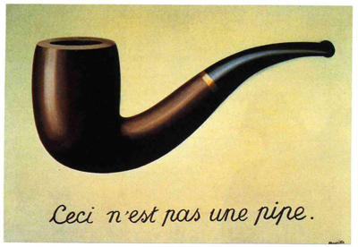 This panel references the famous painting by Belgian surrealist René Magritte, The Treachery of Images, sometime known as  Ceci n’est pas un pipe (“This is not a pipe”). The meaning is that it’s not a pipe but a representation of one.