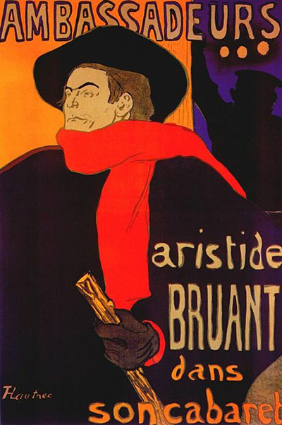 The anteater in the red scarf is a reference to Artides Bruant (1851 – 1925), cabaret owner and performer, who bought the Lapin Agile to save it from demolition in the early 20th century, seen here in a couple of posters by Henri de Toulouse-Lautrec.