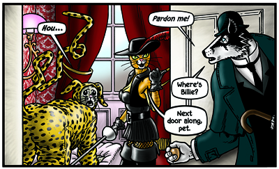 A prostitute is dressed in a Marsupilami costume in the background of panel 6, page 33 of Grandville Mon Amour. The cat is dressed as Puss in Boots.