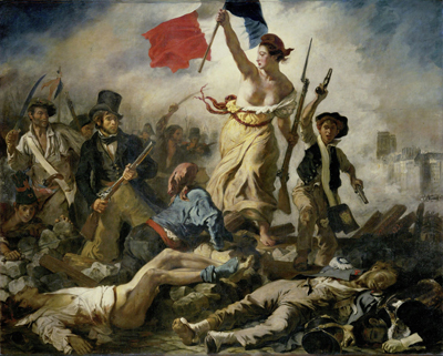 The painting is, of course, adapted from Eugène Delacroix’s famous Liberty Leading the People (1831). It commemorates the July Revolution of 1830, which toppled Charles X of France. It’s housed in the Louvre. I portray Liberty/Marianne as a chicken again.