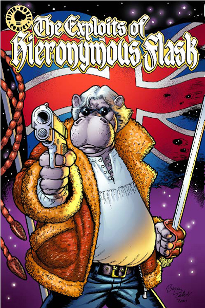 In fact, my own lettering font, the one I’ve used on all my graphic novels since Alice in Sunderland, was created by Comicraft, based on my hand lettering samples, in exchange for this illustration I did of Flask, as a spoof Luther Arkwright cover in 2001.