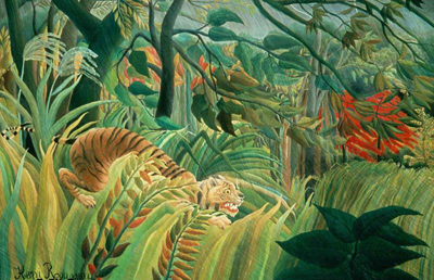 Tim’s terrified expression is a reference to Tiger in a Tropical Storm (1891) by Henri Rousseau.