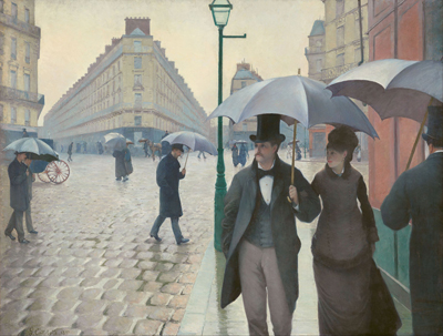 A redrawing of Rue de Paris, Temps de Pluie (Paris Street, Rainy Weather) by Gustave Caillebot (1848 – 1894).